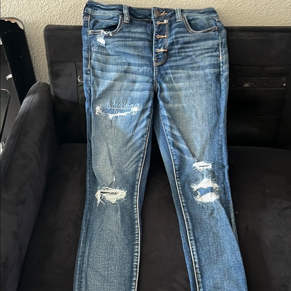American Eagle Outfitters Blue Skinny Jeans with Modern Distressing